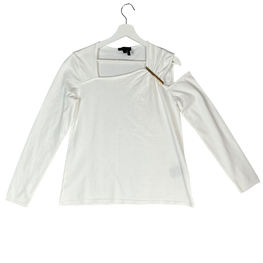 Donna‎ Karen White Long Sleeve Cold Shoulder Gold Detail Sweater Women Size M